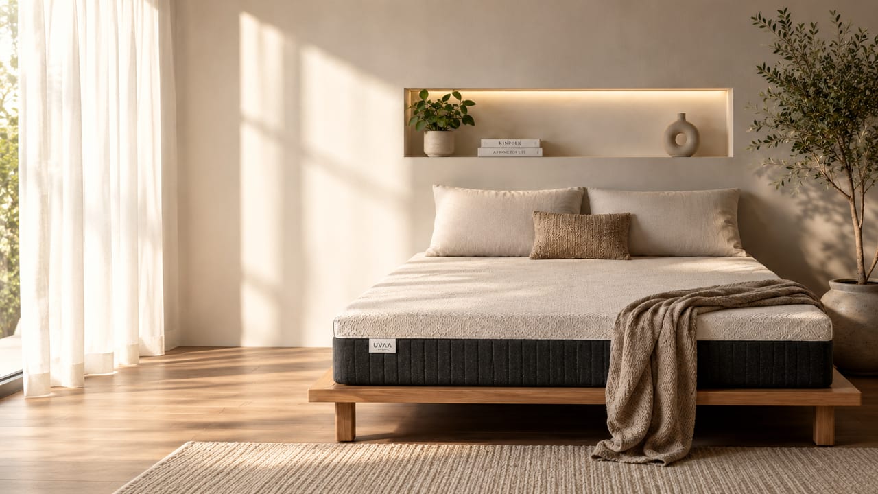 UVAA premium mattress in a modern luxury bedroom with warm morning sunlight designed for better sleep